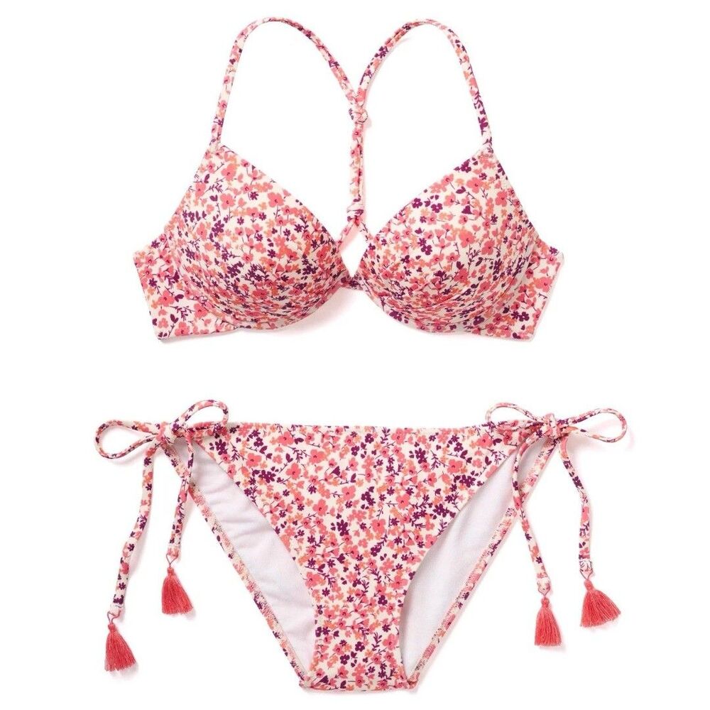Adore Me Floral 2-Piece Bikini Set Pink Underwire Halter 32C Top S Bottom